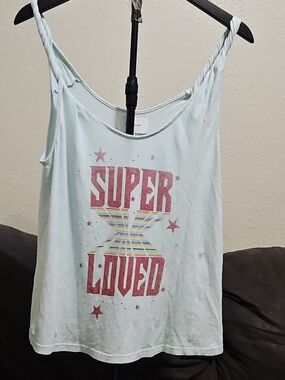 Current/Elliott Pale Blue Twisted Tank with Red 'SUPER LOVED' Graphic